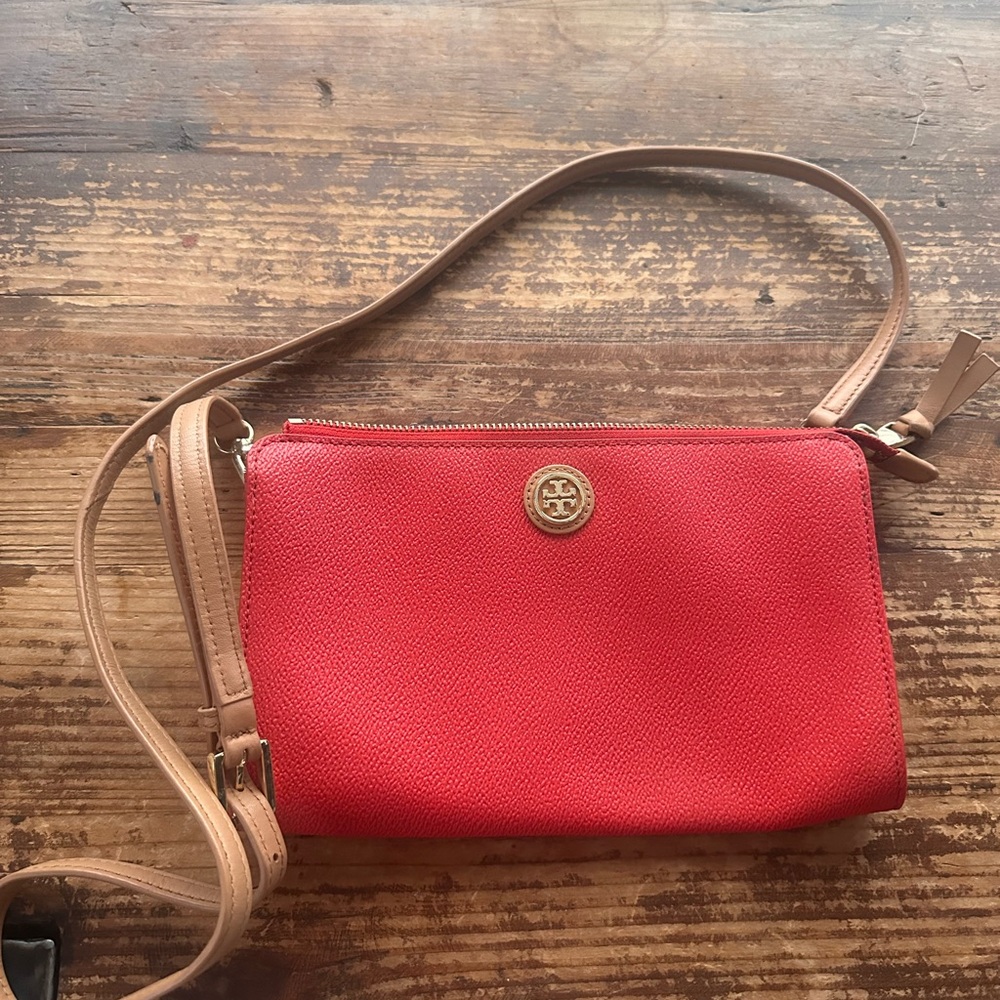 Tory Burch Red Pebbled Crossbody with Tan Strap